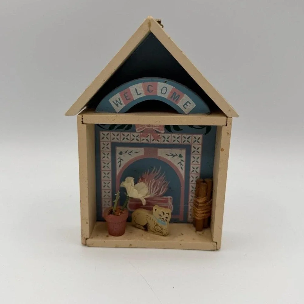 Vintage Folk Art Wooden House Shelf Diorama Welcome Cat Fireplace Decor 5